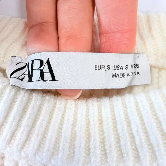 Zara Women S Cropped Ribbed Knit Sweater Cream Chunky Long Sleeve Casual Solid - Picture 3 of 7
